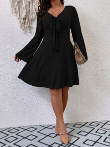 SHEIN LUNE Plus Knot Front Trumpet Sleeve Dress Fall Cloth For Women - Black - View 5