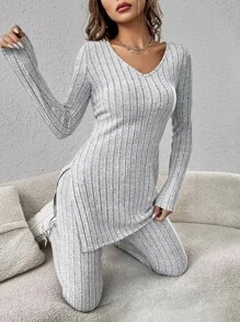 SHEIN Essnce Leggings con camiseta bajo con abertura - Gris Claro - Ver 2