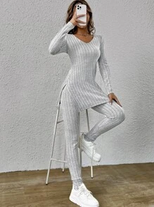 SHEIN Essnce Leggings con camiseta bajo con abertura - Gris Claro - Ver 1