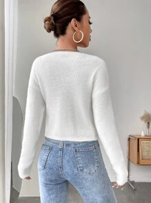 SHEIN Privé 前扭結落肩袖短款毛衣 - 白色 - 查看 4