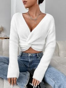 SHEIN Privé 前扭結落肩袖短款毛衣 - 白色 - 查看 3