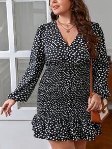 SHEIN Frenchy Plus Dalmatian Print Lantern Sleeve Ruffle Hem Dress - Black and White - View 4