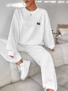 SHEIN EZwear Bộ đồ hai mảnh nữ Đắp vá Lá thư Giải trí - trắng - Xem 1