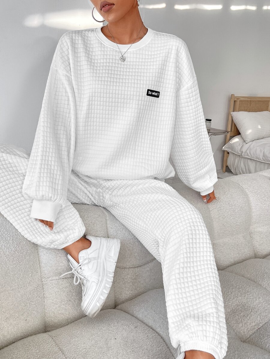 SHEIN EZwear Bộ đồ hai mảnh nữ Đắp vá Lá thư Giải trí - trắng - Xem 1