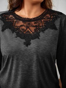SHEIN Frenchy Plus Guipure Lace Insert Tee - Dark Grey - View 2