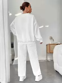 SHEIN EZwear Bộ đồ hai mảnh nữ Đắp vá Lá thư Giải trí - trắng - Xem 2