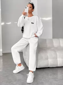 SHEIN EZwear Bộ đồ hai mảnh nữ Đắp vá Lá thư Giải trí - trắng - Xem 5