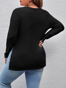 SHEIN LUNE 大碼羅紋開衩側T恤 - 黑色 - 查看 2