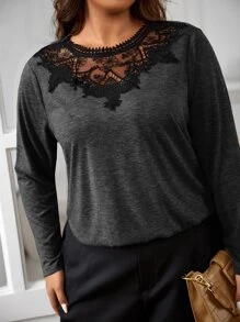 SHEIN Frenchy Plus Guipure Lace Insert Tee - Dark Grey - View 3