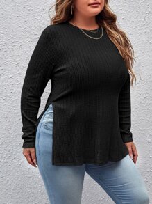 SHEIN LUNE 大碼羅紋開衩側T恤 - 黑色 - 查看 3