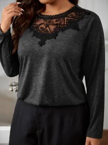 SHEIN Frenchy Plus Guipure Lace Insert Tee - Dark Grey - View 5