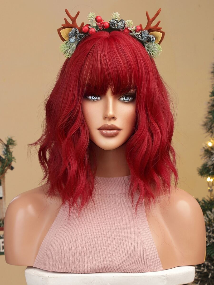 14英寸肩膀長度波波頭假髮帶劉海紅色卷看起來自然頭髮耐熱合成纖維彩色假髮適合女士日常角色扮演 - 紅色 - 查看 1