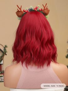14英寸肩膀長度波波頭假髮帶劉海紅色卷看起來自然頭髮耐熱合成纖維彩色假髮適合女士日常角色扮演 - 紅色 - 查看 2