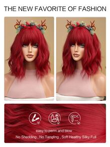 14英寸肩膀長度波波頭假髮帶劉海紅色卷看起來自然頭髮耐熱合成纖維彩色假髮適合女士日常角色扮演 - 紅色 - 查看 3