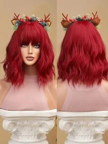 14英寸肩膀長度波波頭假髮帶劉海紅色卷看起來自然頭髮耐熱合成纖維彩色假髮適合女士日常角色扮演 - 紅色 - 查看 5