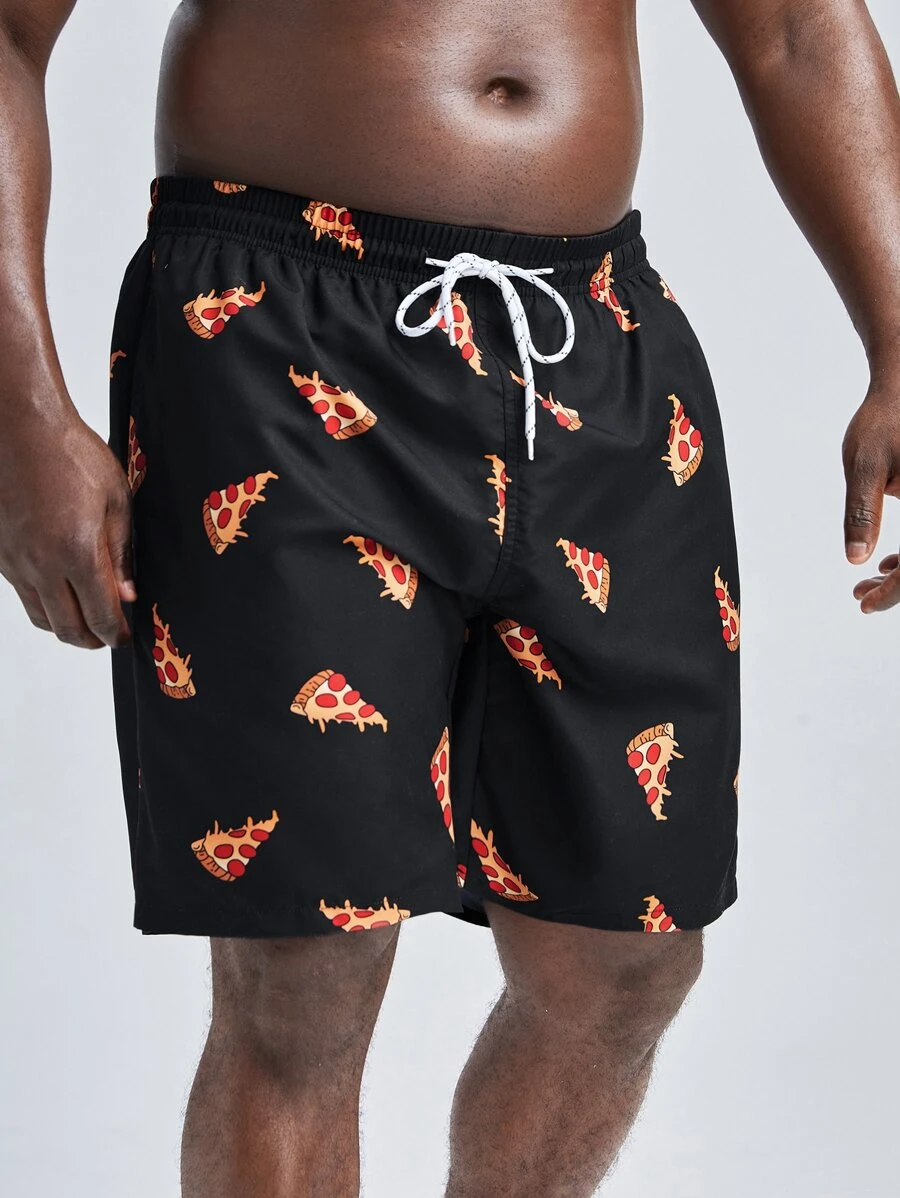 Manfinity Hombres Shorts de natación pizza con estampado de cintura con cordón - Negro - Ver 1