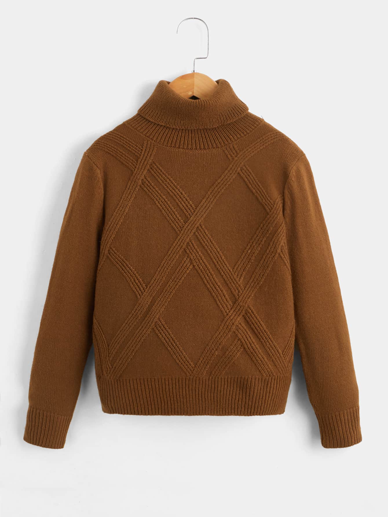SHEIN Boys Turtleneck Cable Knit Jumper - Brown - View 1