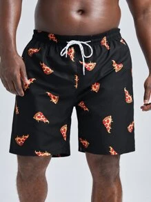 Manfinity Hombres Shorts de natación pizza con estampado de cintura con cordón - Negro - Ver 3