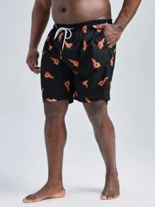 Manfinity Hombres Shorts de natación pizza con estampado de cintura con cordón - Negro - Ver 4