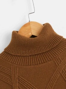 SHEIN Boys Turtleneck Cable Knit Jumper - Brown - View 3