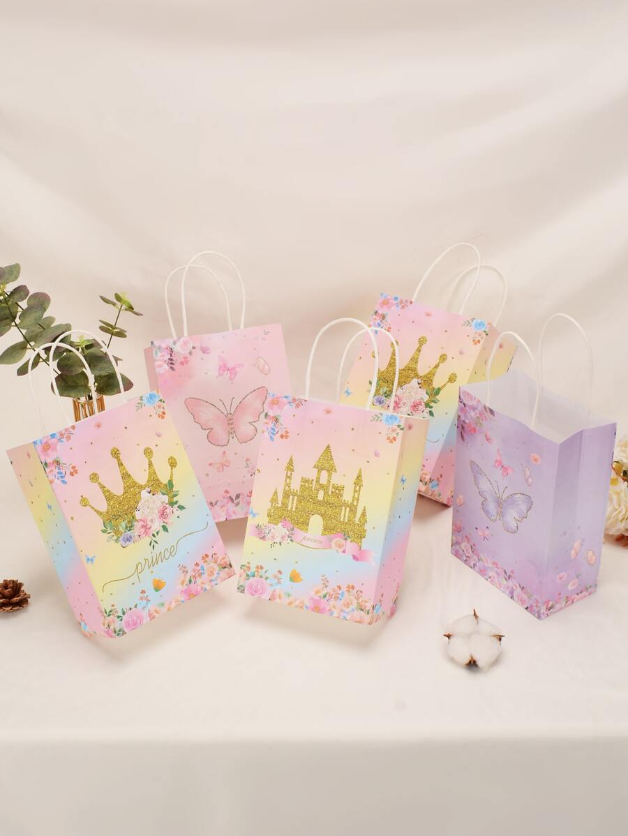 5pcs Crown & Butterfly Pattern Gift Bag, Colorful Paper Gift Wrapping Bag For Party - Multicolor - View 1