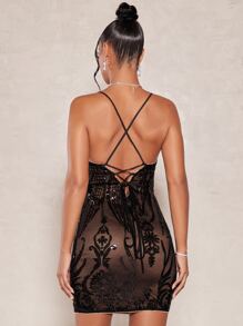 SHEIN BAE 印花繫帶亮片拼接網紗緊身連衣裙 - 巧克力棕 - 查看 2