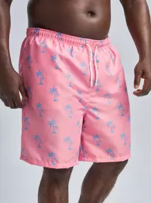 Manfinity Hombres Shorts de natación al azar con estampado de árbol de coco de cintura con cordón - Rosa - Ver 1