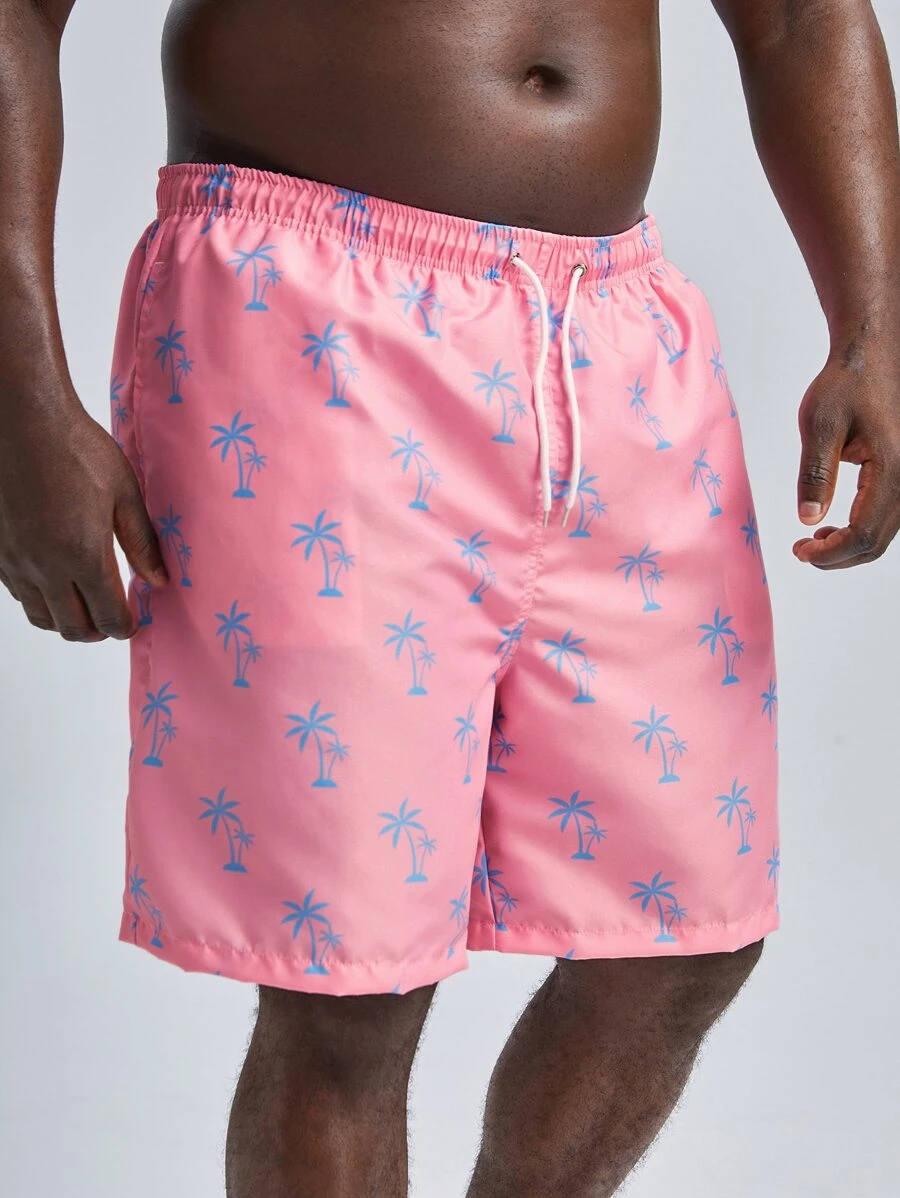 Manfinity Hombres Shorts de natación al azar con estampado de árbol de coco de cintura con cordón - Rosa - Ver 1