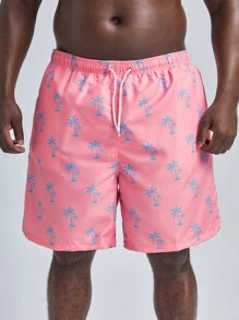 Manfinity Hombres Shorts de natación al azar con estampado de árbol de coco de cintura con cordón - Rosa - Ver 4