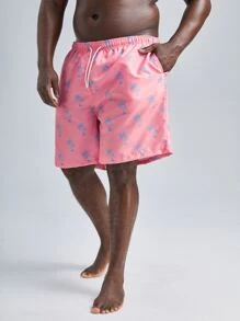 Manfinity Hombres Shorts de natación al azar con estampado de árbol de coco de cintura con cordón - Rosa - Ver 5