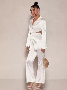 SHEIN BAE Áo khoác  âu phục nữ Nút Cắt ra Trọn gói màu trơn Gợi cảm - trắng - Xem 5