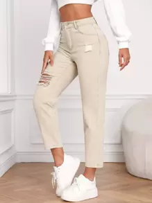 SHEIN Essnce High Waist Ripped Mom Fit Jeans - Khaki - View 1