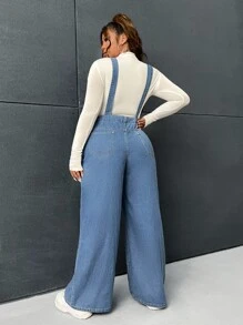 SHEIN EZwear Plus Adjustable Strap Pocket Front Denim Dungaree Jumpsuit - Medium Wash - View 2