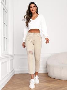 SHEIN Essnce High Waist Ripped Mom Fit Jeans - Khaki - View 3