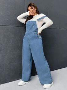 SHEIN EZwear Plus Adjustable Strap Pocket Front Denim Dungaree Jumpsuit - Medium Wash - View 3