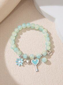 Flower & Key Charm Beaded Bracelet - Baby Blue - View 4