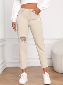 SHEIN Essnce High Waist Ripped Mom Fit Jeans - Khaki - View 5