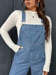 SHEIN EZwear Plus Adjustable Strap Pocket Front Denim Dungaree Jumpsuit - Medium Wash - View 4