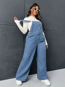 SHEIN EZwear Plus Adjustable Strap Pocket Front Denim Dungaree Jumpsuit - Medium Wash - View 5