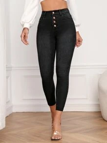 SHEIN Frenchy Button Fly Bleach Wash Skinny Jeans - Black - View 3