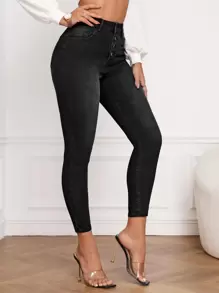SHEIN Frenchy Button Fly Bleach Wash Skinny Jeans - Black - View 5
