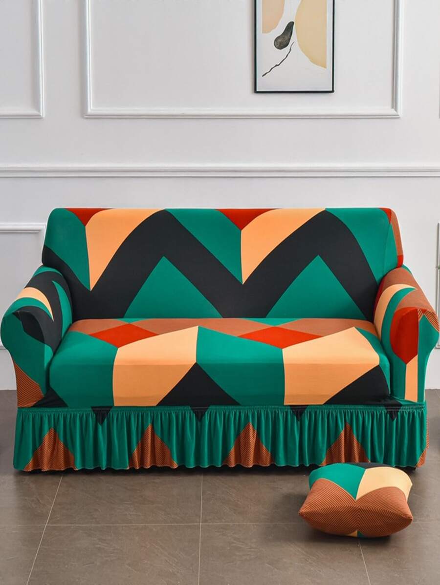 1pc Mô hình hình học Ruffle Trim Ghế sofa căng - Nhiều màu - Xem 1