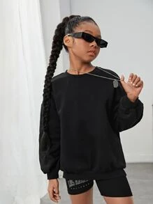 SHEIN Tween Girl Slogan & Cartoon Graphic Drop Shoulder Thermal Sweatshirt - Black - View 3