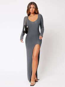 SHEIN SXY Solid Split Thigh Scoop Neck Dress - Grey - View 3