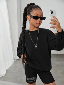 SHEIN Tween Girl Slogan & Cartoon Graphic Drop Shoulder Thermal Sweatshirt - Black - View 5