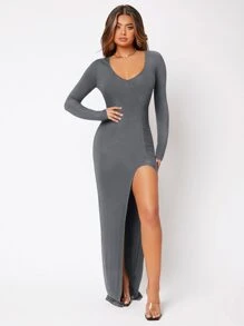 SHEIN SXY Solid Split Thigh Scoop Neck Dress - Grey - View 5