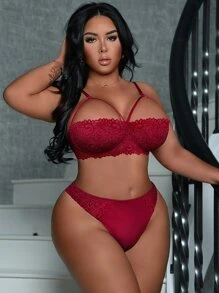 Plus Floral Lace Harness Lingerie Set - Burgundy - View 1