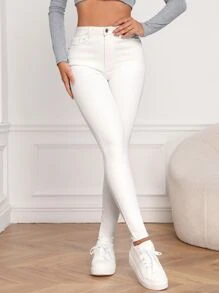 Flexra Women's Casual Slim Fit Pocket Button Jeans - White - View 5