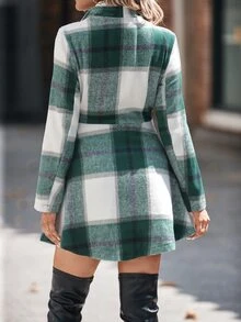 SHEIN LUNE Plaid Print Double Button Overcoat - Green - View 2