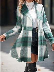 SHEIN LUNE Plaid Print Double Button Overcoat - Green - View 4